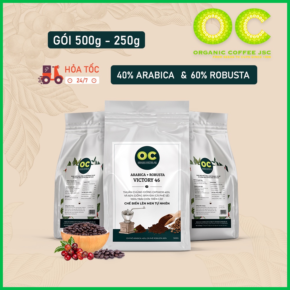 Cà phê rang mộc hữu cơ nguyên chất Robusta Blend VICTORIA 46, Cafe pha phin/pha máy nguyên chất từ Organic Coffee JS