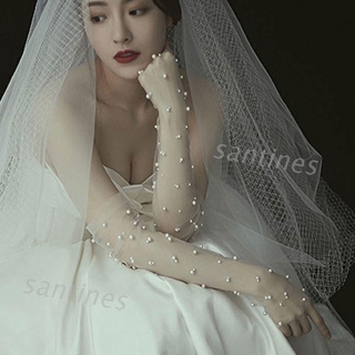 Găng tay cô dâu dạng lưới đính ngọc trai nhân tạo phong cách đơn giản thời trang