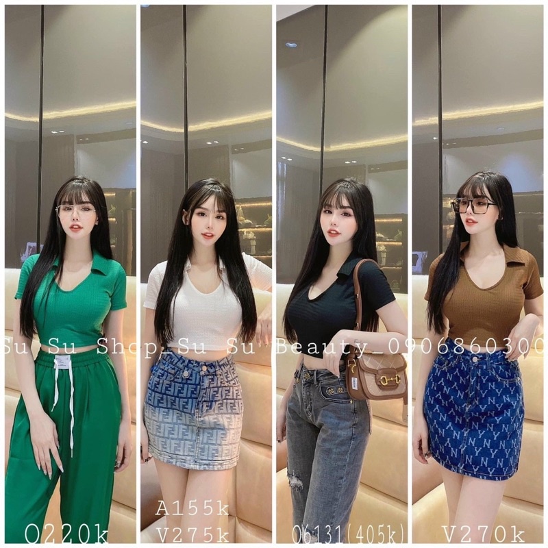 Áo Thun Croptop Tay Ngắn Cổ Bẻ Chữ U