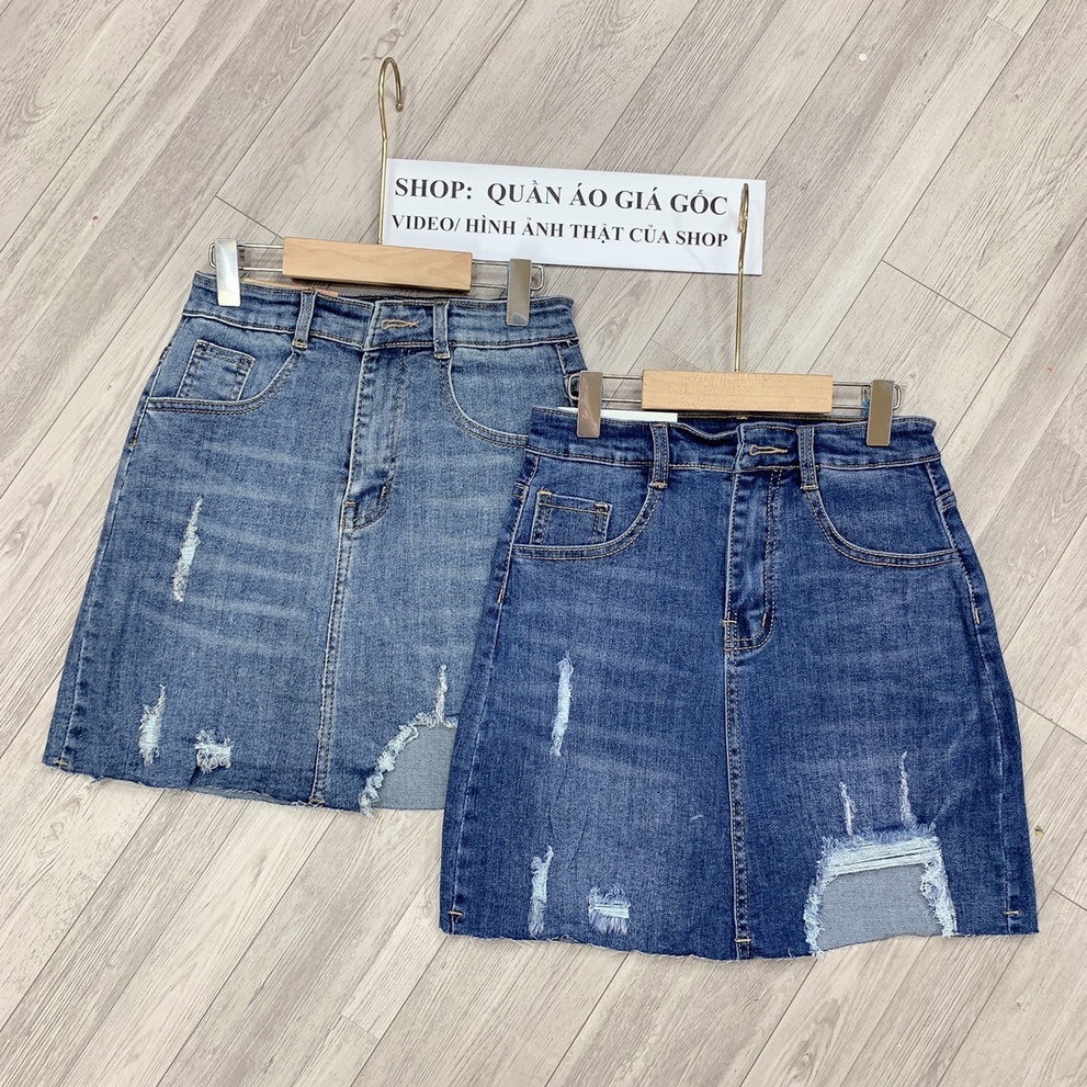 Váy jean nữ rách co giãn chân váy jean rách co giãn lưng siêu cao có lót quần