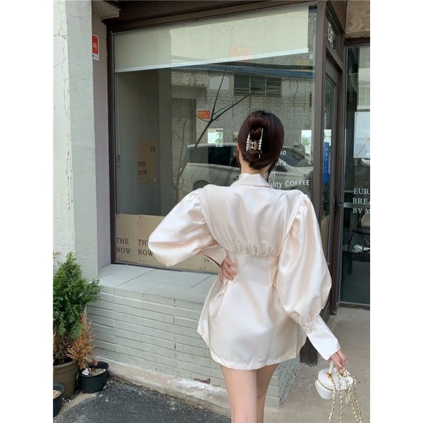 Đầm Sơmi Tay Phồng Thắt Eo, Váy Ngắn Tay Dài Độn Vai Mùa Thu Đông Phong Cách Tiểu Thư Hàn Quốc Cho Nữ
