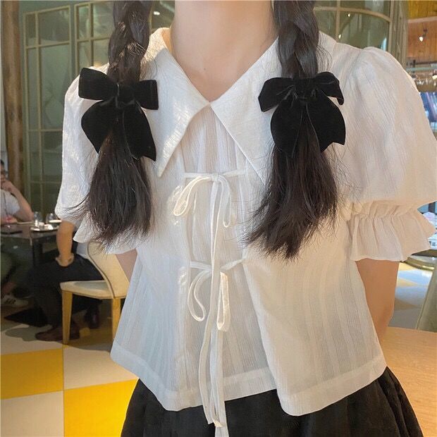 Áo kiểu croptop babydoll cổ bẻ tay ngắn phồng dáng rộng cột nơ màu trắng phong cách Hàn Quốc ulzzang thời trang cho nữ | BigBuy360 - bigbuy360.vn