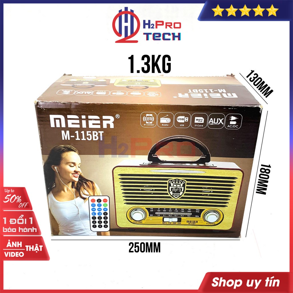 Đài Radio Nghe Nhạc, Đài Radio Bluetooth Meier M-115BT ​Cổ Điển 10W Am-Fm-Sw, Usb-Thẻ Nhớ-Aux-Pin Sạc-H2Pro Tech
