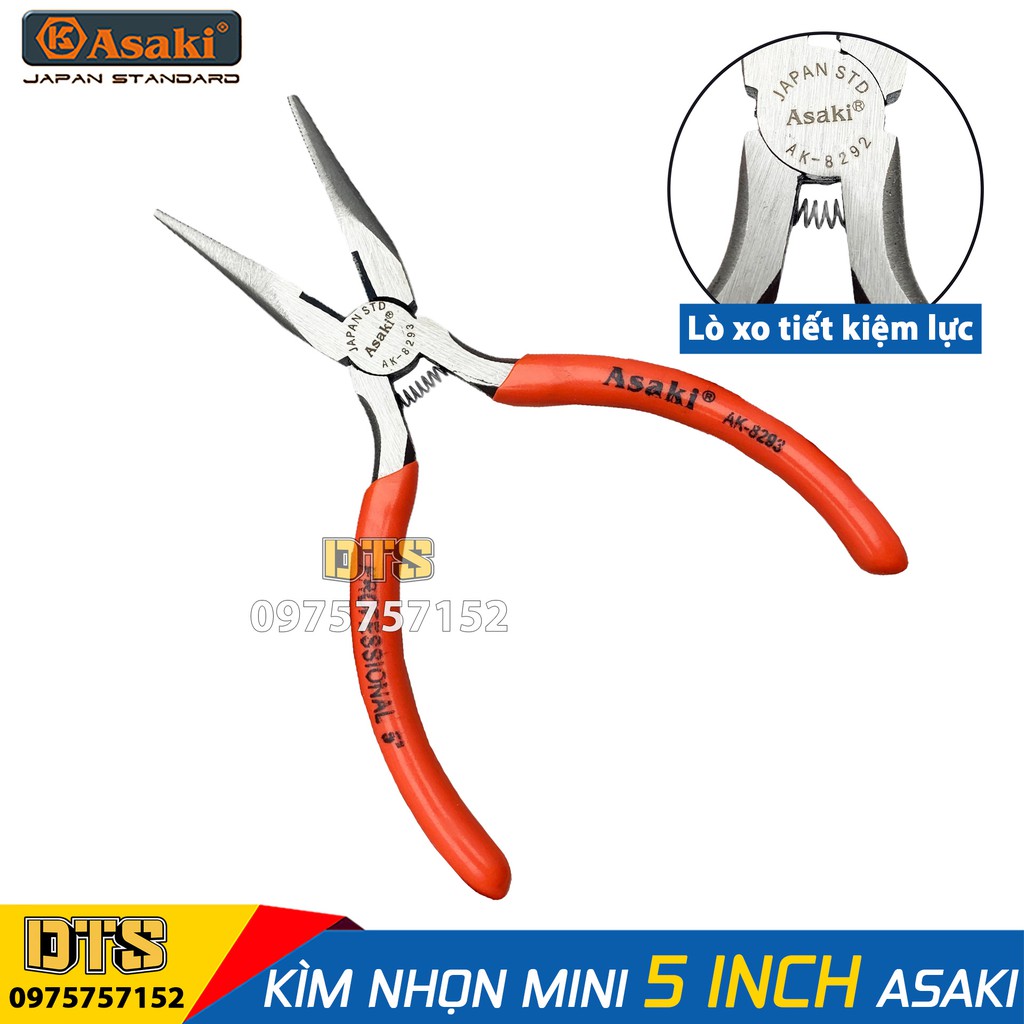 Kìm nhọn mini 5 inch Asaki JAPAN STD 125mm, thép CR-V độ cứng cao, lò xo tích hợp tiết kiệm sức lực (Kềm nhọn mini)