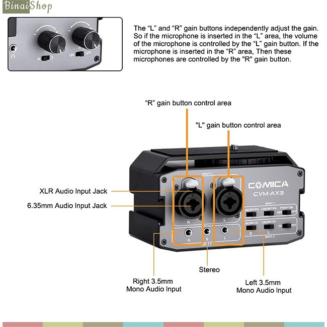 [Mã ELHACE giảm 4% đơn 300K] Mixer nguồn 48v cho máy ảnh, máy quay Comica CVM-AX3