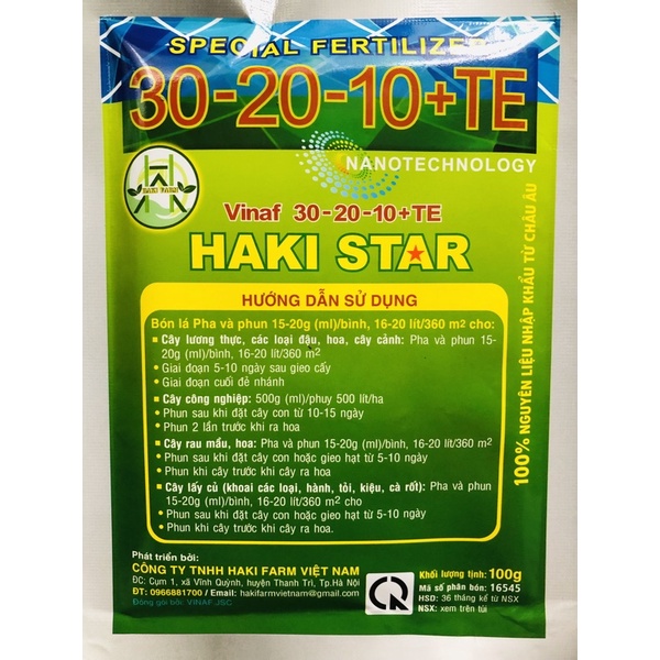 Phân bón lá hỗn hợp NPK 30-20-10 HAKI STAR phục hồi thần tốc-chồi to lá khoẻ gói 100gr