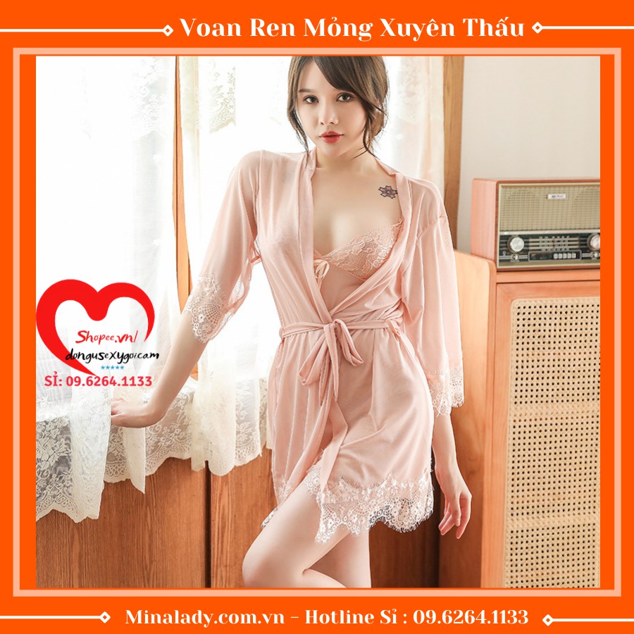 Váy Ngủ Sexy Ren - Đầm Ngủ Sexy Ren Voan Mỏng Có Kèm Áo Choàng Thắt Dây-Không Có Mut Ngực Kèm Quần Lọt Khe VAYAOCHOANG T