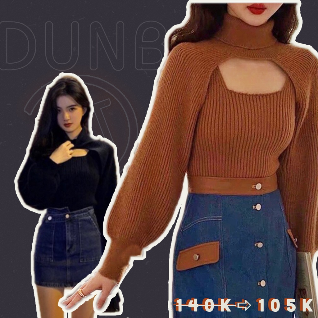 Set áo croptop mix áo khoác tay phồng freesize len tăm cổ lọ khoét ngực sexy tôn dáng phong cách hàn quốc