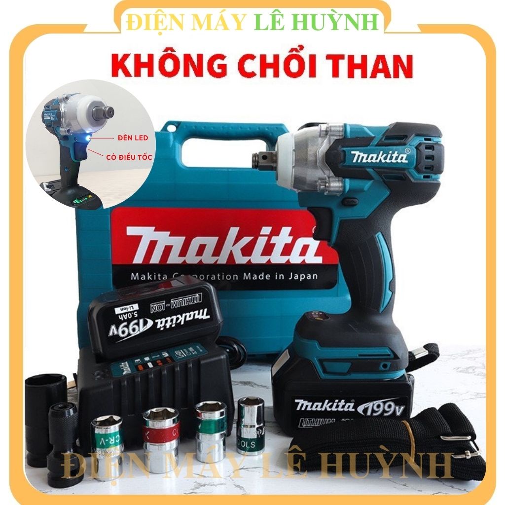 Máy bắn vặn vít bulong siết ốc Makita 199V cầm tay mini giá rẻ 100% đồng KHÔNG CHỔI THAN Pin 10 Cell