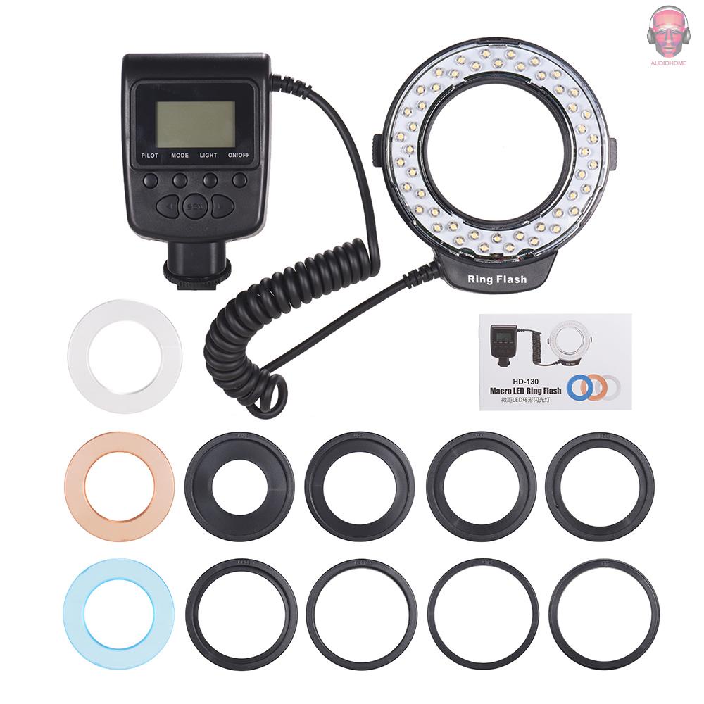 AUDI   HD-130 Macro LED Ring Flash Light LCD Display 3000-15000K GN46 Power Control with 3 Flash Diffusers 8 Adapter Rings for Cameras