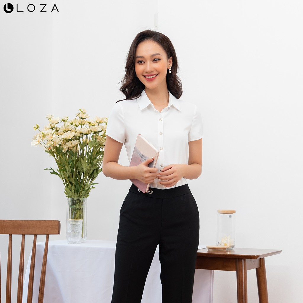 [Mã FASHIONMALLT4 giảm 15% đơn 150k] Áo sơ mi nữ trắng LOZA cổ đức - LS1450