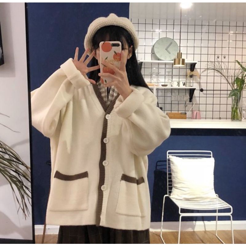 Áo khoác cardigan len viền form rộng oversize dày dặn mềm mịn ulzzang Quảng Châu - Ảnh thật Yena Closet