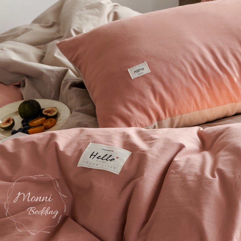 BỘ CHĂN GA GỐI COTTON HÀN QUỐC TICI VẢI MỊN MÁT MÀU CAM ĐẤT PHỐI GHI