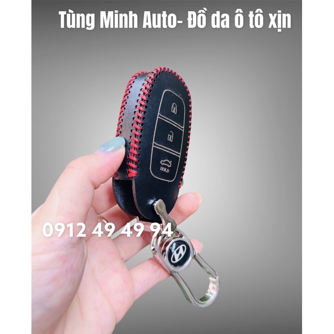 Bao da móc khoá Huyndai accent 3 nút bấm, santafe, bọc chìa khoá da thật khâu tay handmade, xịn xò