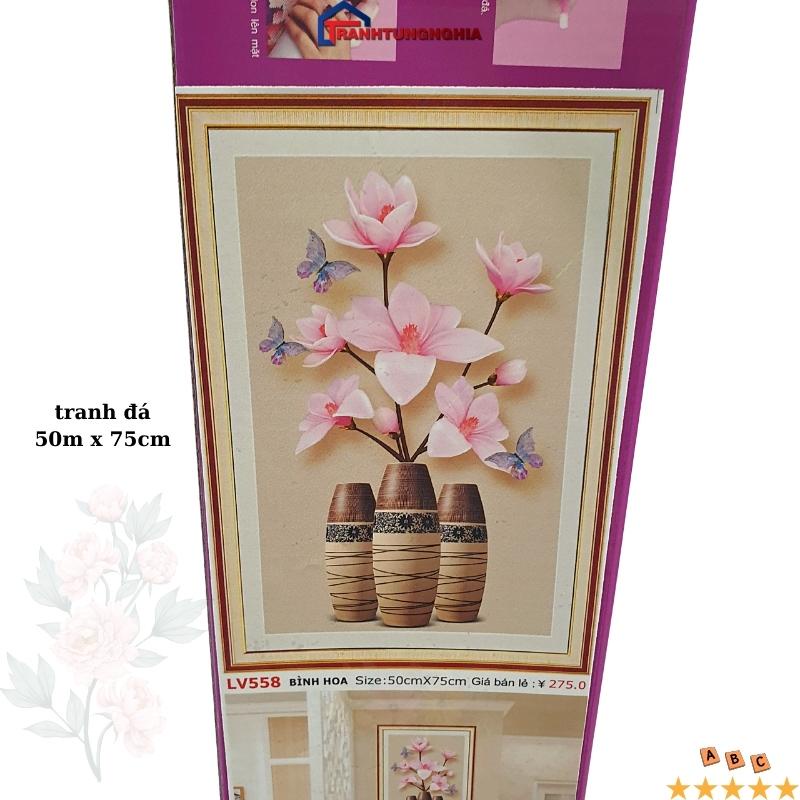 Tranh đính đá, tranh thêu chữ thập bình hoa khoe sắc 50cm x 75cm
