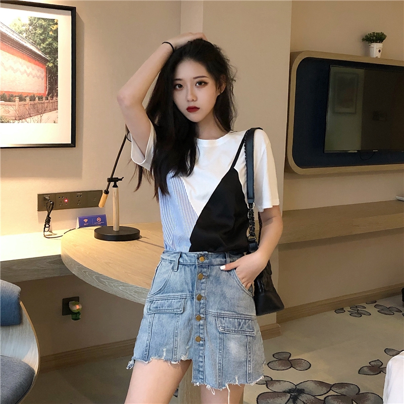 Áo thun SUXI tay ngắn cổ tròn kẻ sọc phong cách Hàn Quốc cho nữ