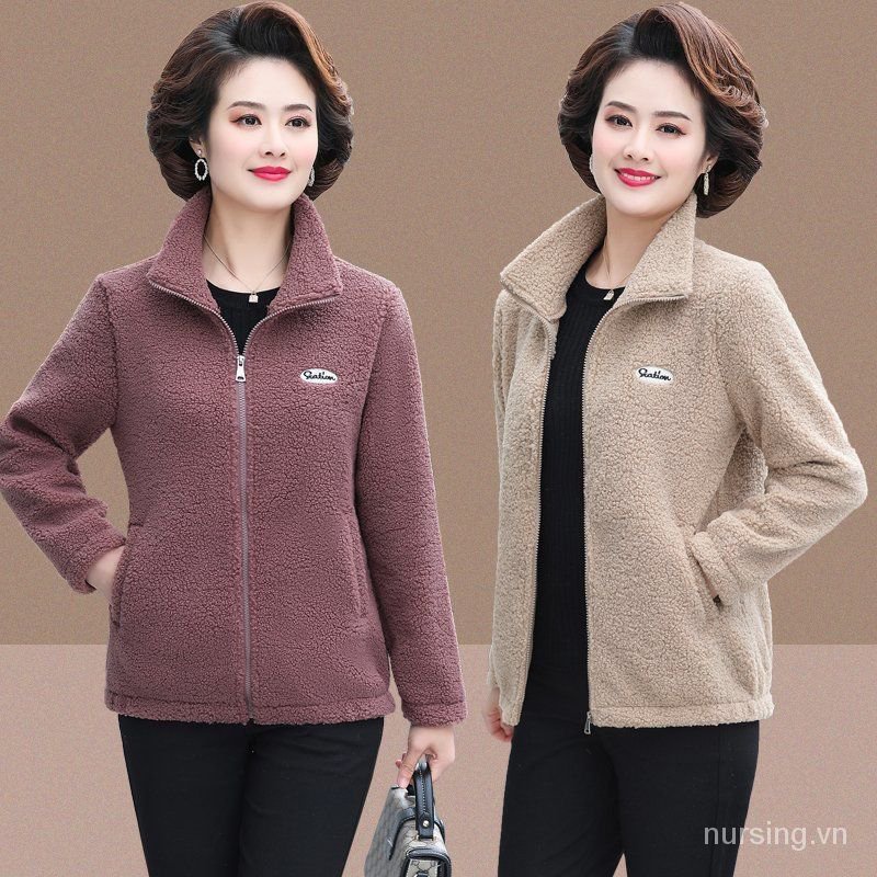 Áo khoác len lông cừu size lớn thời trang xuân thu mới cho phụ nữ trung niên và lớn tuổi