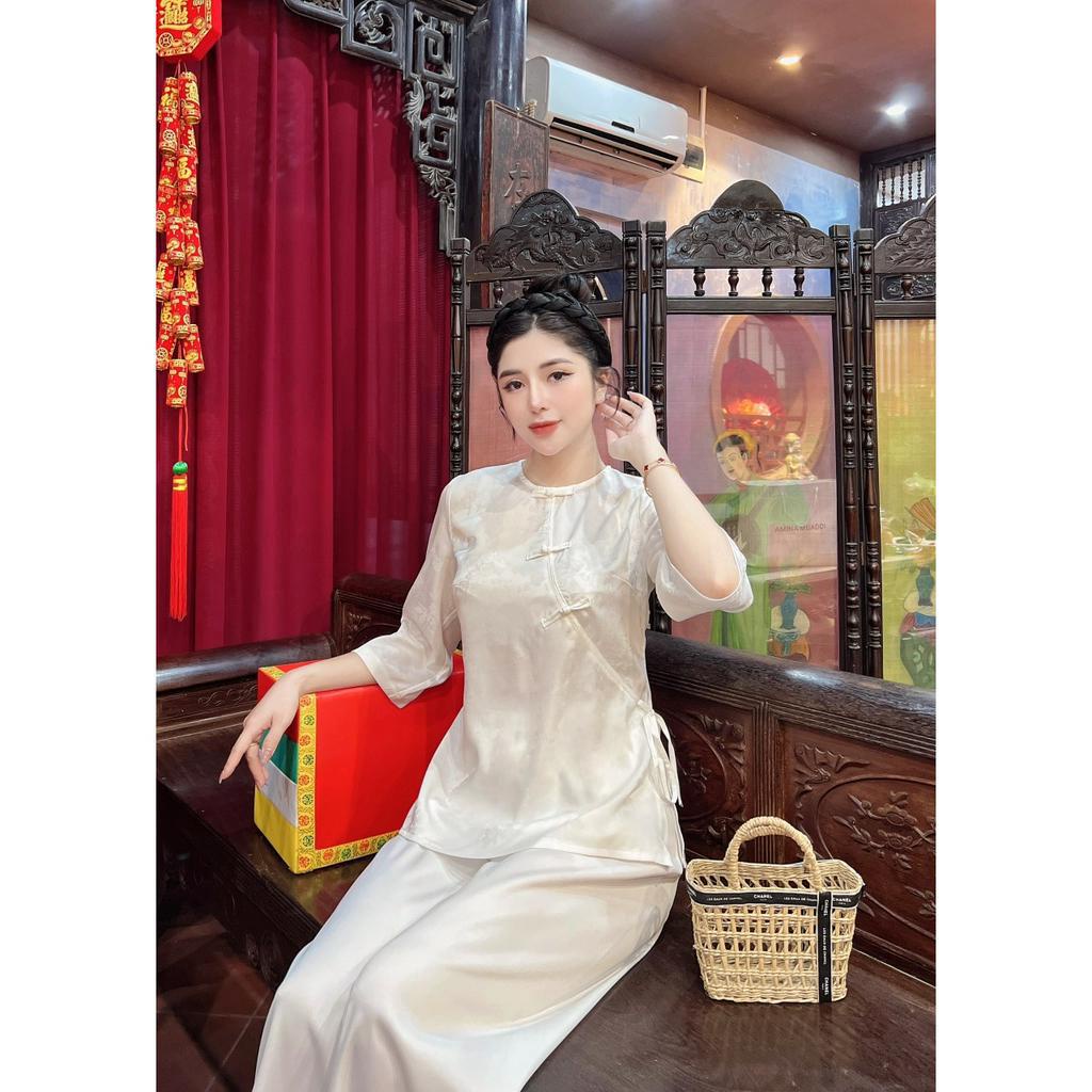 Bộ lam đi chùa nữ cổ tròn khuy chéo thắt nơ Pháp phục đi chùa cao cấp Bộ lễ phục lễ chùa lụa vân hoa, thanh lịch