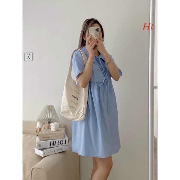 Váy baby doll xanh 3 hàng nơ H2V566