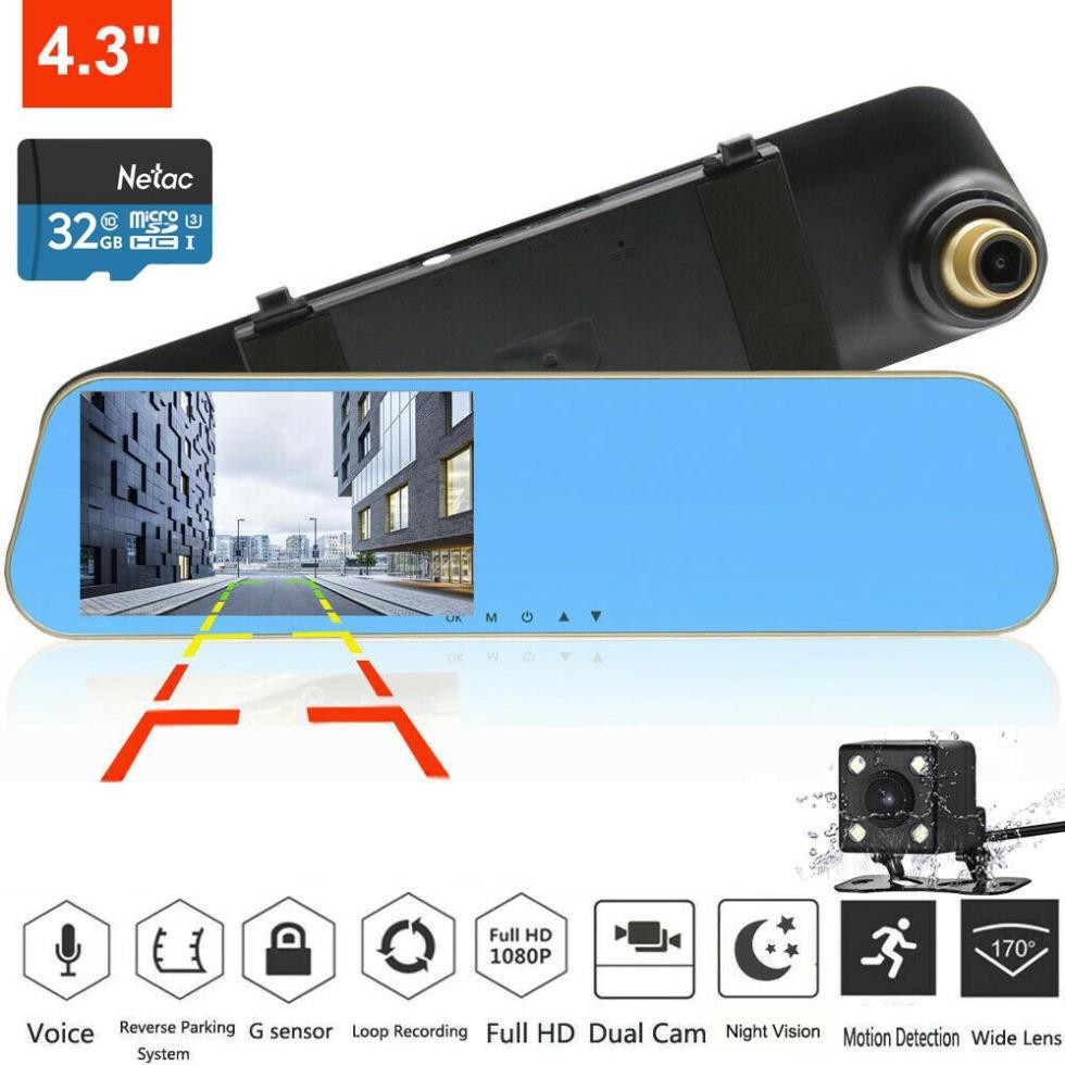 Camera Hành trình Gương treo 4.3 inch FHD 1080P, hỗ trợ cam sau, Ghi đè