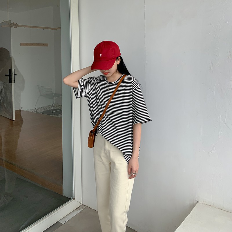 Áo thun nữ Ngắn tay Kẻ sọc ngang Mùa Hè Cổ tròn Cotton Áo phông nữ Tay ngắn Form rộng Sọc ngang Thời trang