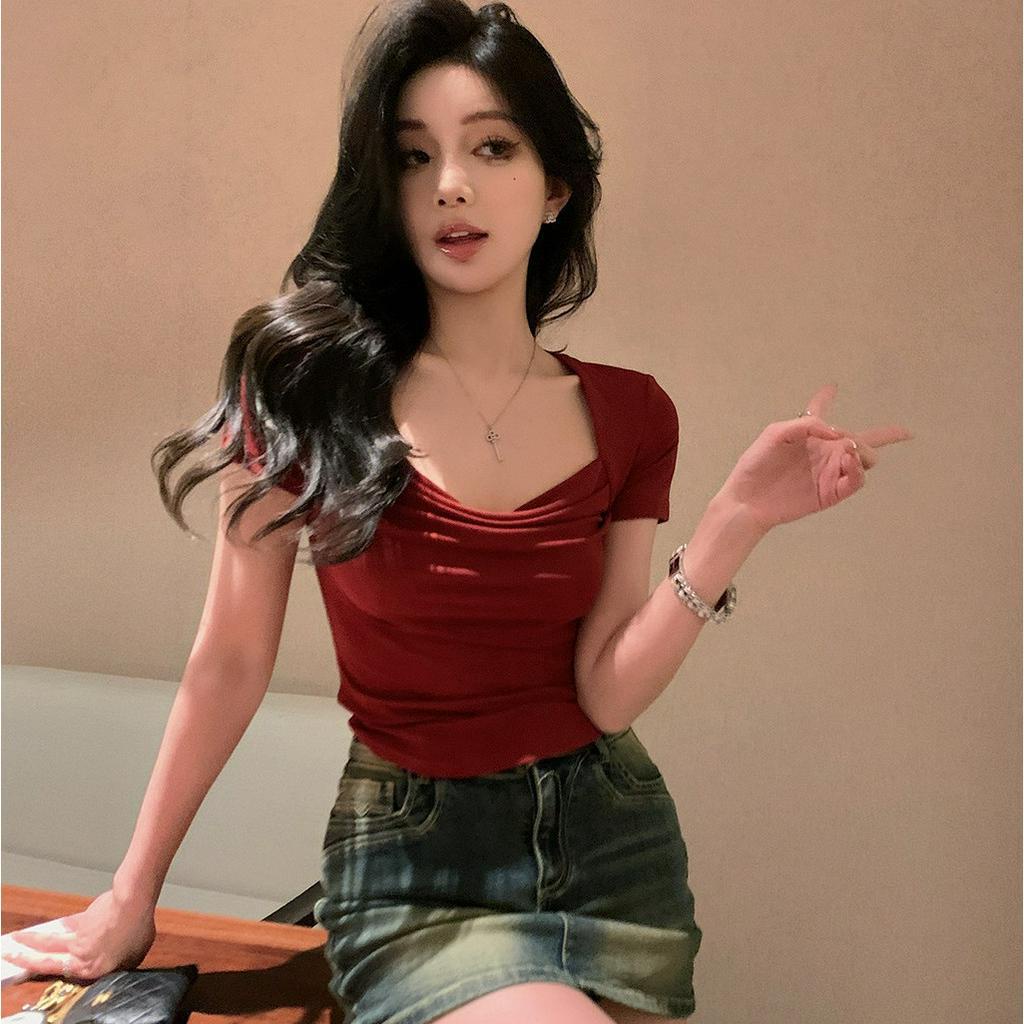 Bh Summer Women Modal Áo thun ngắn tay thiết kế cổ vuông màu trơn vừa vặn