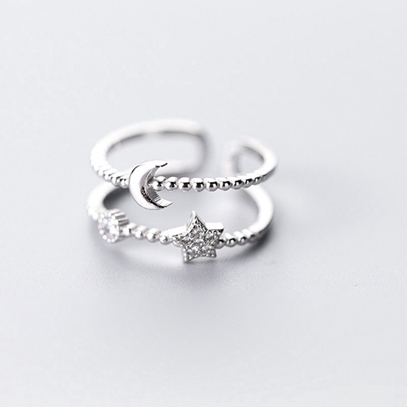 Nhẫn mở hai lớp đính đá hình ngôi sao và mặt trăng thời trang kiểu Hàn cho nữ