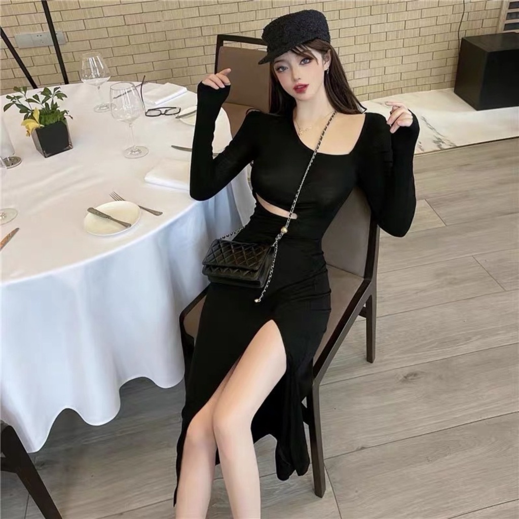 Đầm body tay dài khoét eo xéo cổ U xẻ tà trước màu đen freesize mặc đi tiệc đi chơi đi du lịch