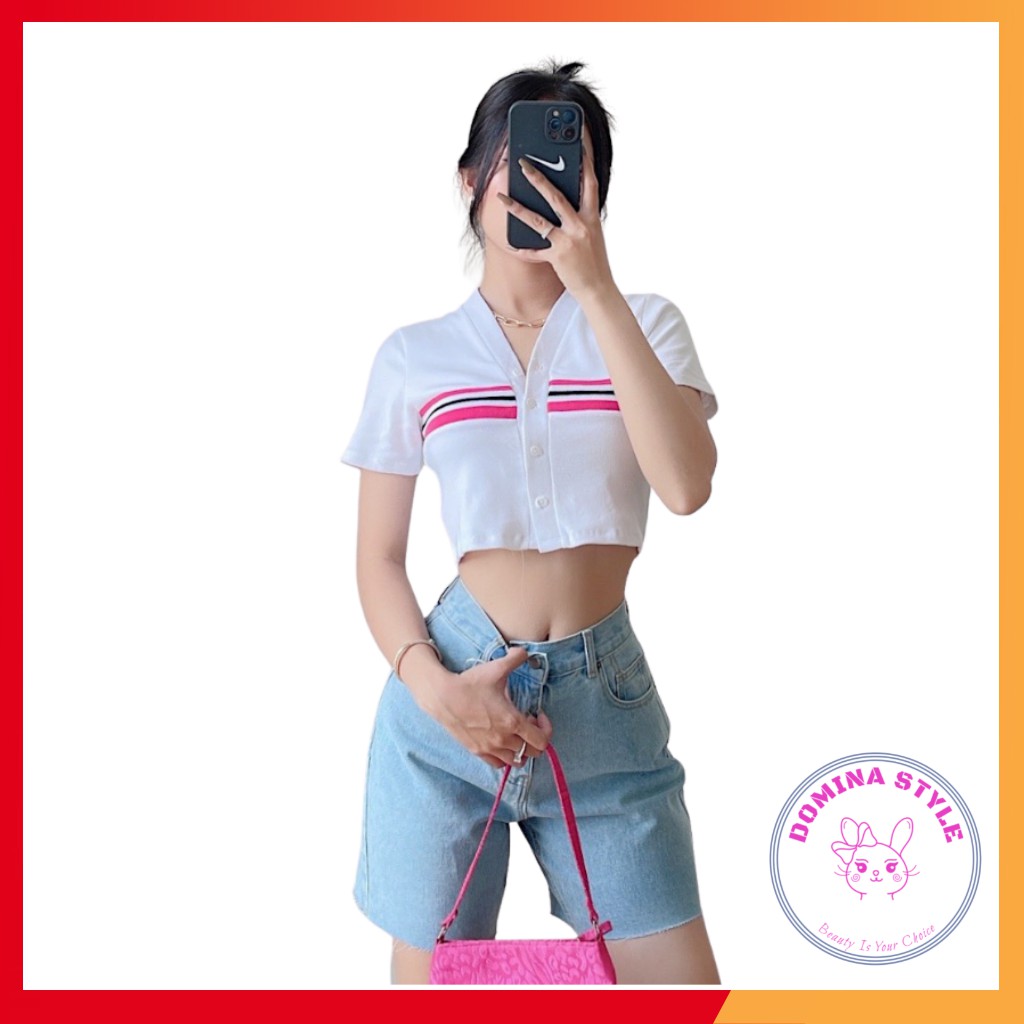 Áo croptop polo sọc ngang ngực kèm video thật domina182 | BigBuy360 - bigbuy360.vn