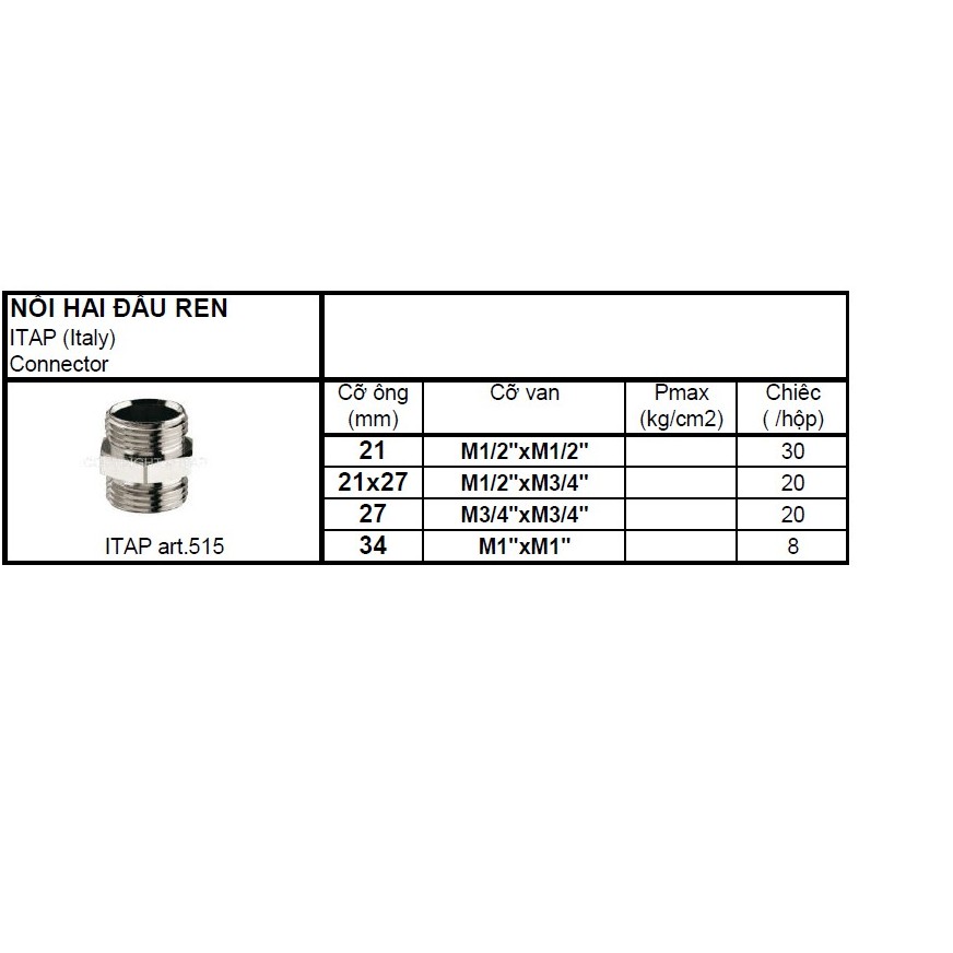 Nối ống 2 đầu ren Italy, Kép đồng ren art.515 phi 21, phi 27, phi 34