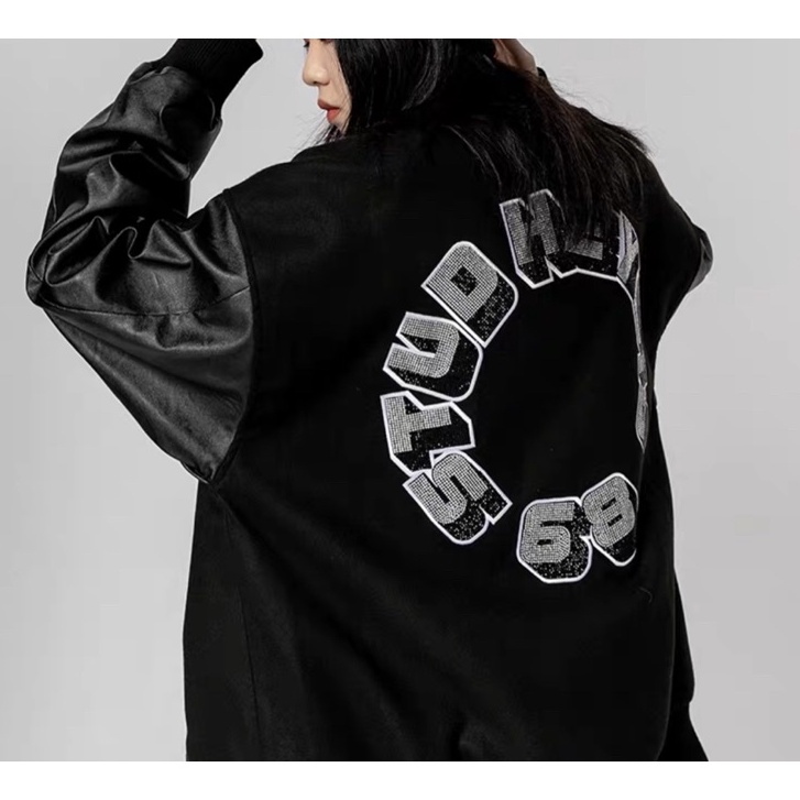 Áo khoác Bomber Jacket Varsity chất dạ tay da đính đá form rộng chuẩn hàng
