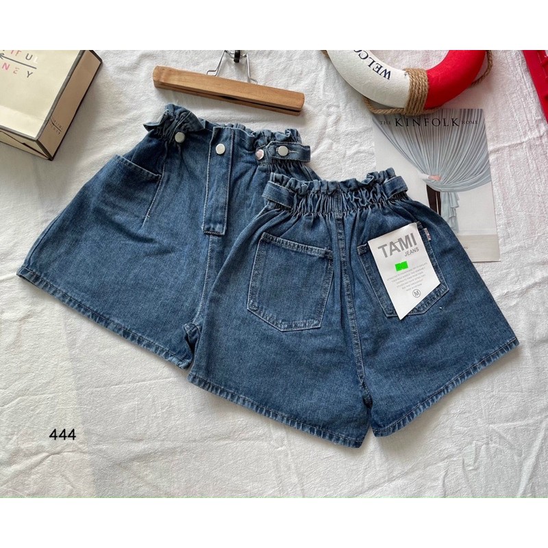 Quần short jean lưng chun hàn quốc ống rộng hai màu phối nút