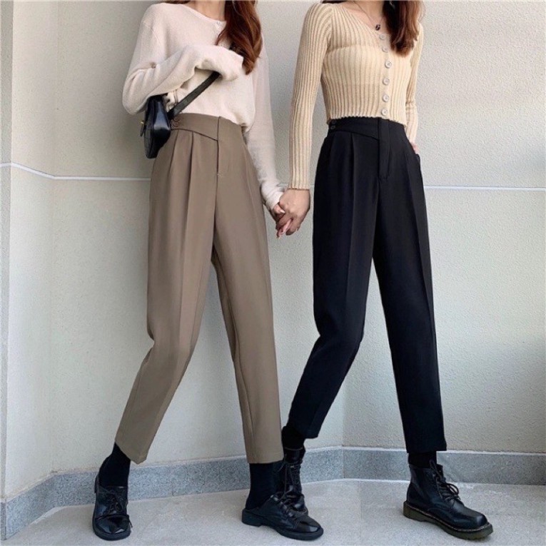 Quần baggy nữ vạt khuy lệch bên hông - quần baggy nữ phong cách