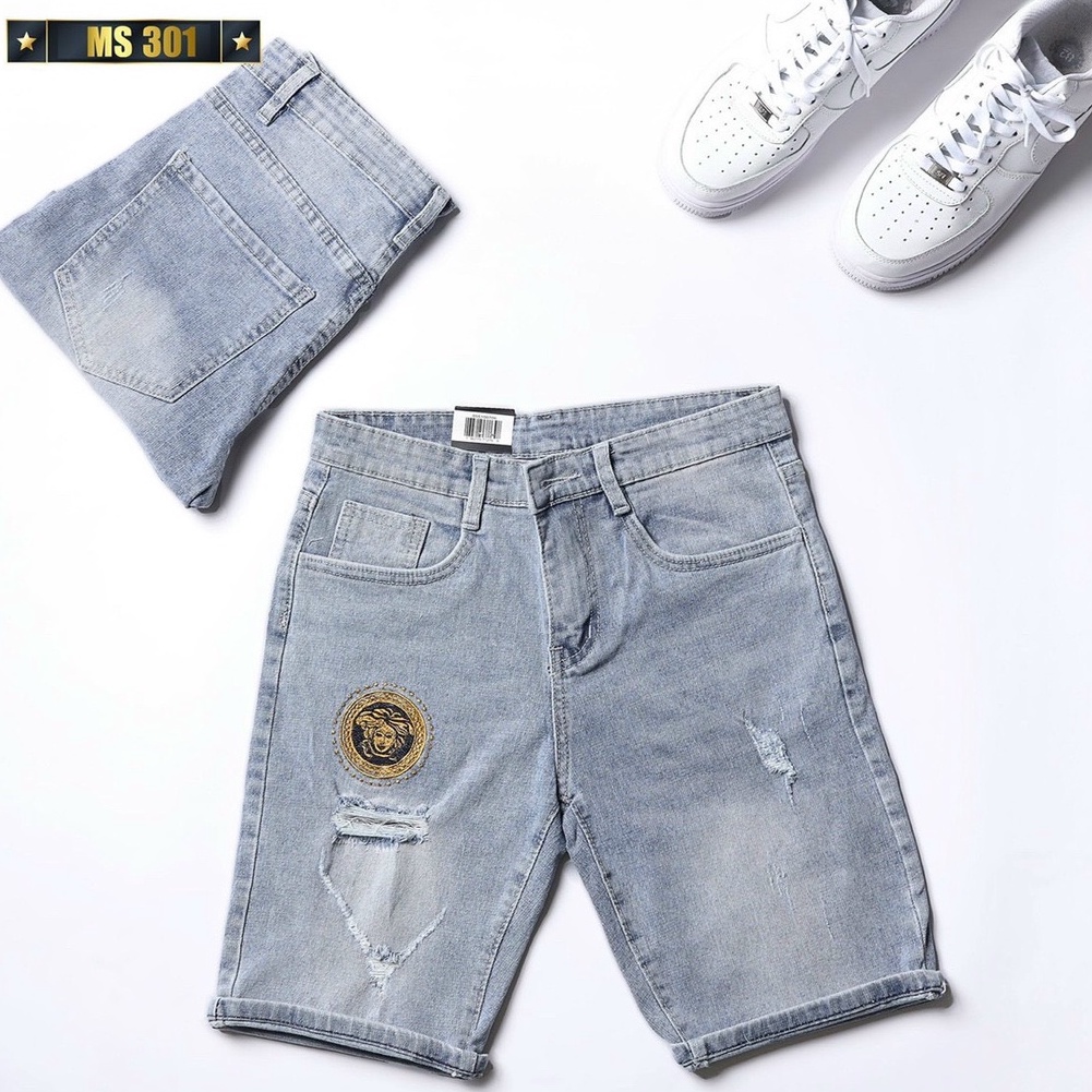 Quần short bò nam co giãn chất bò dễ phối đồ OBOKFASHION màu xanh nhạt rách cao cấp phong cách hàn quốc QJN301
