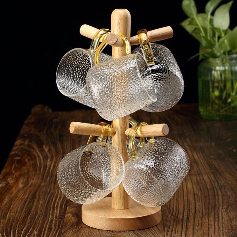 Bộ bình thủy tinh chịu nhiệt Vân sần quai vàng 2000ml, 1500ml + 6 cốc + giá treo + khay gỗ tre