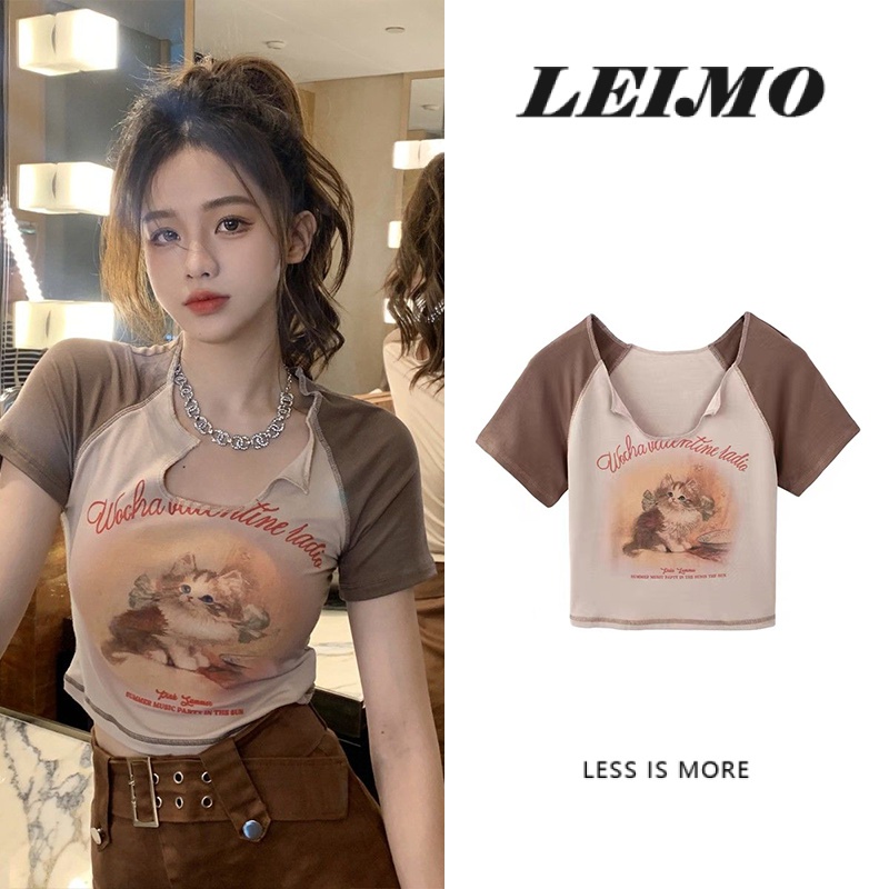 Áo croptop Tay Ngắn Cổ Chữ v Hoạ Tiết Chú Mèo Đáng Yêu