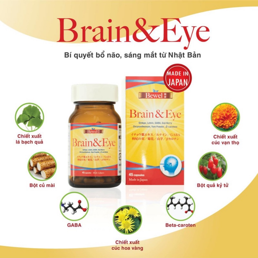 Viên Uống Bổ Não &amp; Mắt Waki Bewel Brain &amp; Eye Giúp Tăng Cường Tuần Hoàn Não &amp; Sức Khỏe Mắt (Hộp 45 Viên)