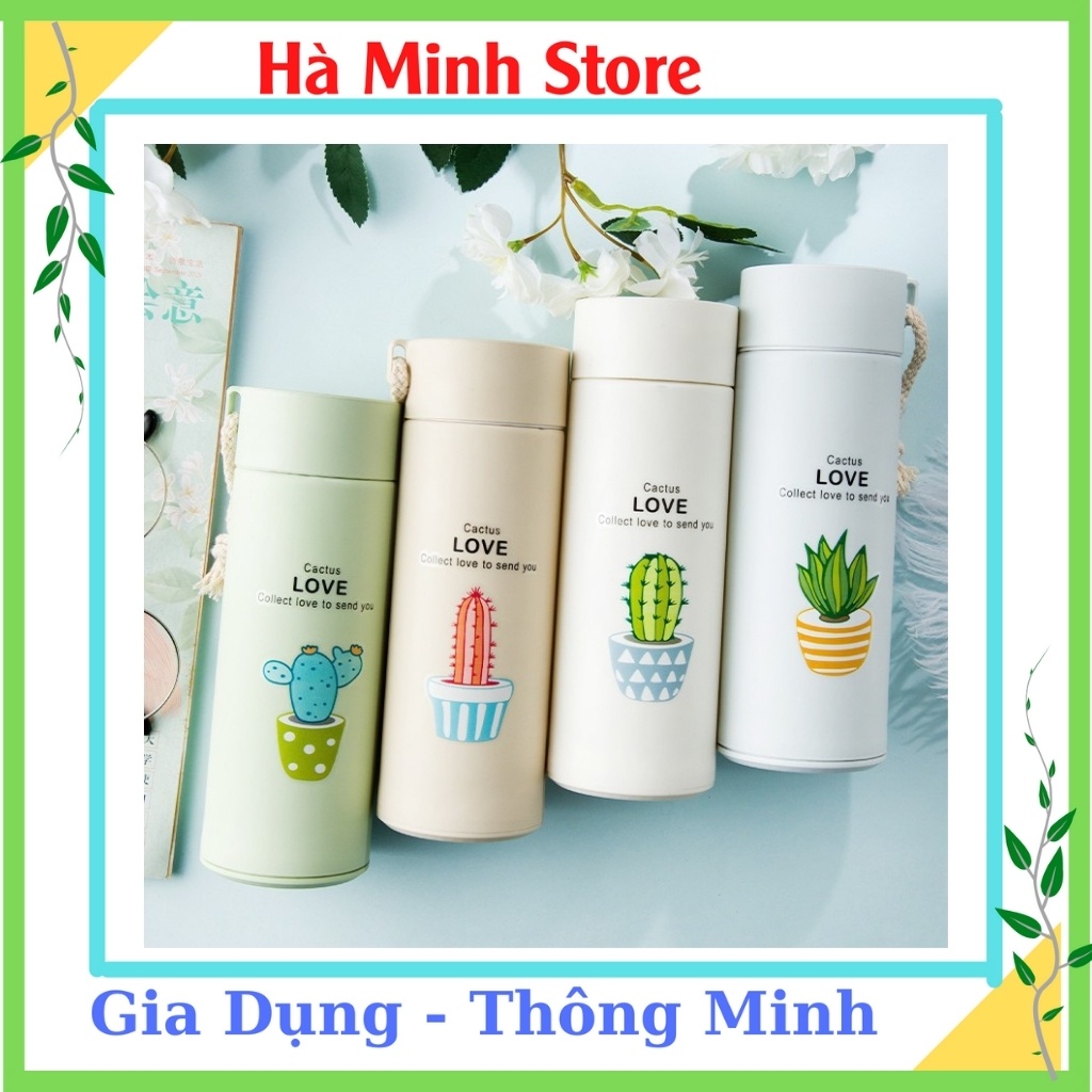 Bình Giữ Nhiệt Lúa Mạch 450ml Họa Tiết Xương Rồng, Lõi Thủy Tinh Bọc Nhữa, Giữ Nhiệt Lên Đến 5 Giờ - Gia Dụng Hà Minh