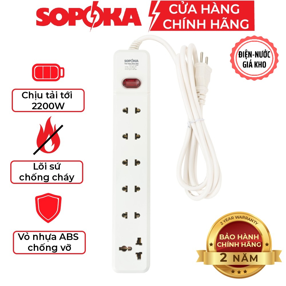 Ổ cắm điện liền dây chịu tải 2200W SOPOKA 3M2-6M2 công tắc an toàn