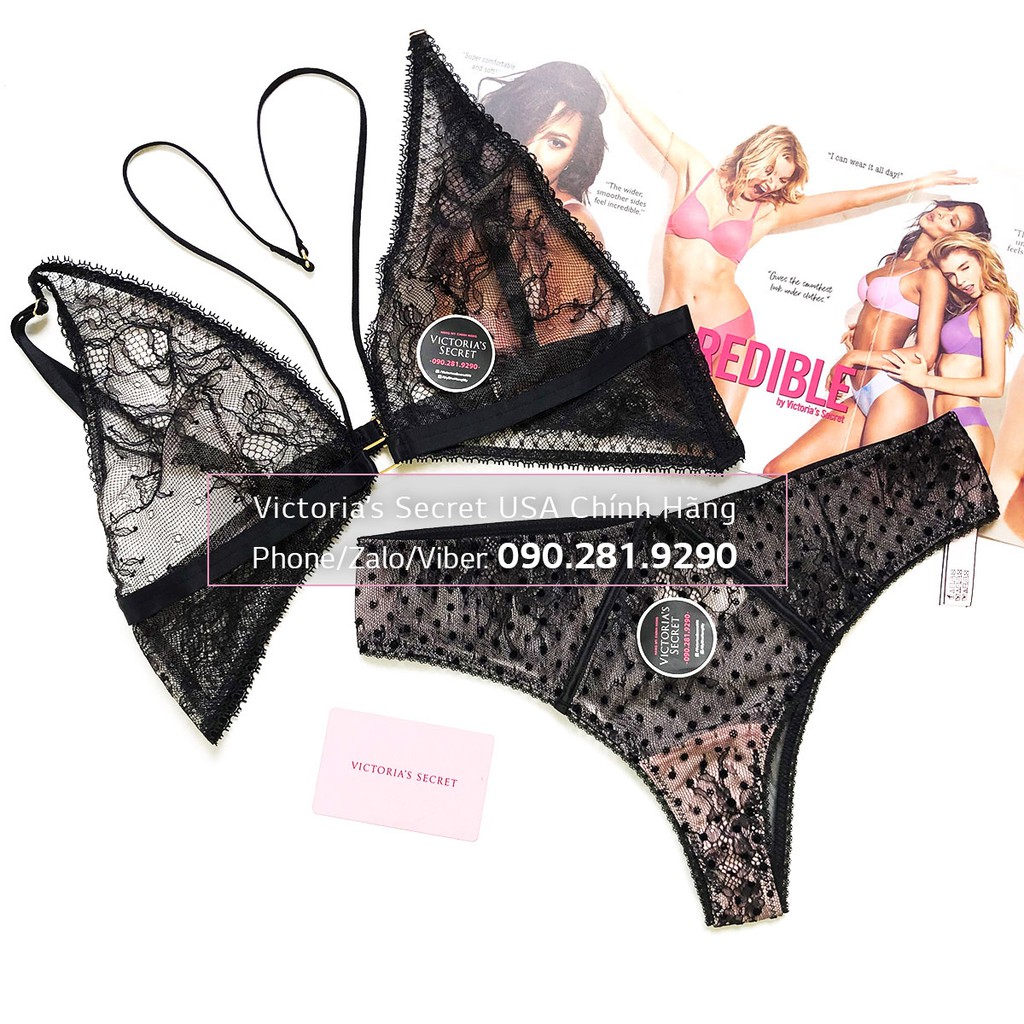 (Áo Size S) Bộ quần Áo bralette 111 Very Sexy Triangel Black màu đen, phối lưới hoa - Victoria's Secret USA