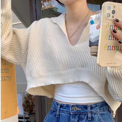 Áo ZHELIHANGFEI dệt kim tay dài cổ polo dáng ngắn thiết kế lệch tà phong cách cá tính dành cho nữ