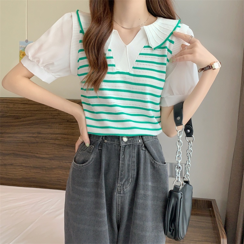 Áo Thun Tay Ngắn Họa Tiết Sọc Thời Trang Phong Cách Hàn Quốc Cho Nữ