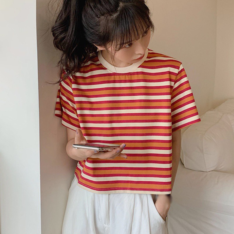 Áo Thun Nữ Tay Ngắn Dáng Rộng Kẻ Sọc Phong Cách Hàn Quốc