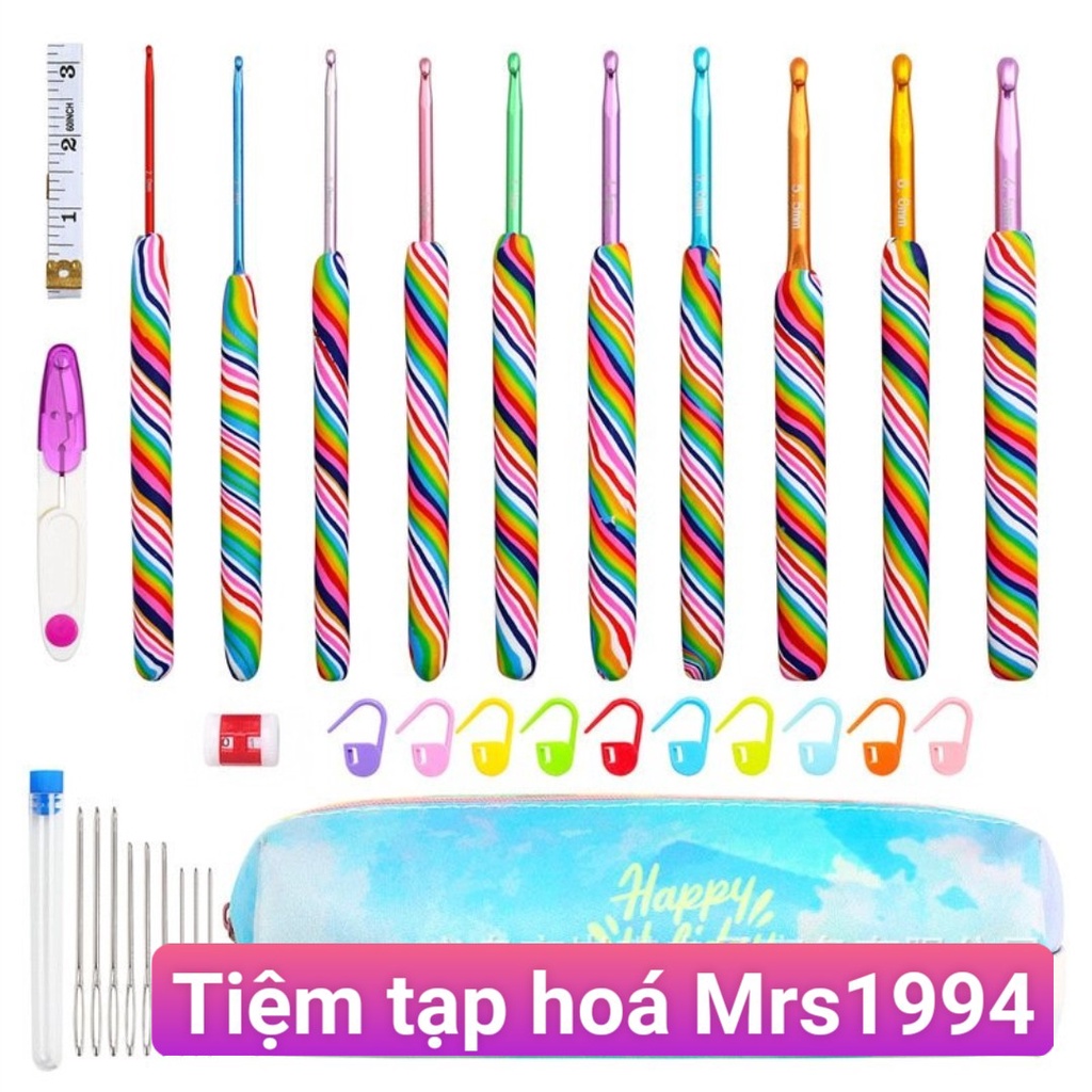 {Móc cầu vồng} BỘ BÓP BÔNG KIM MÓC VÀ CÁC DỤNG CỤ HỖ TRỢ MÓC LEN CAO CẤP