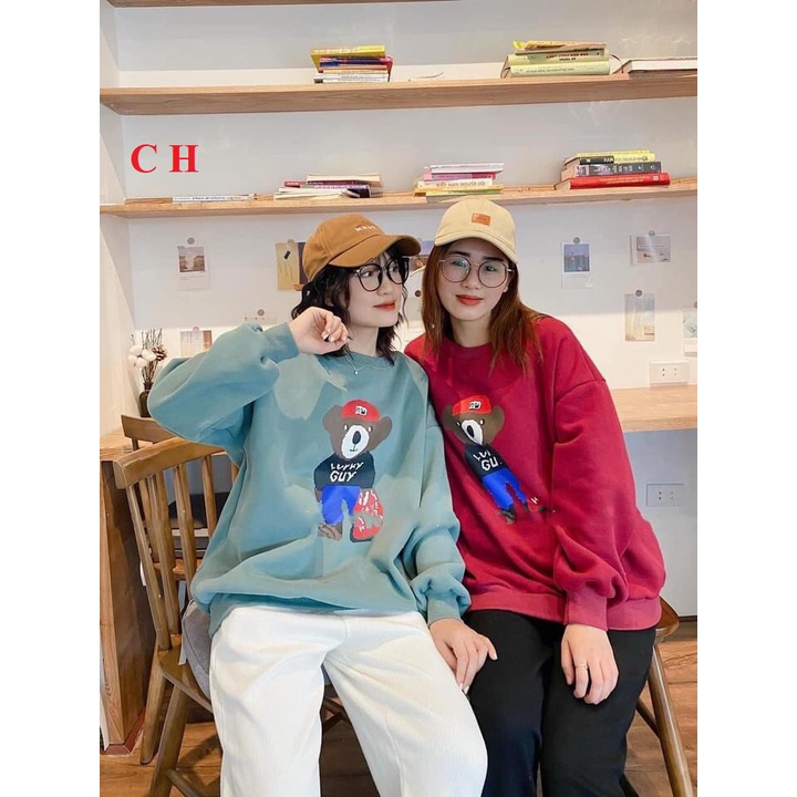 Áo Nỉ Gấu Lucky PEONYB Nữ [FREESHIP]  Sweater form rộng tay bồng, hoodie cổ tròn in hình vintage đẹp cá tính Ulzzang