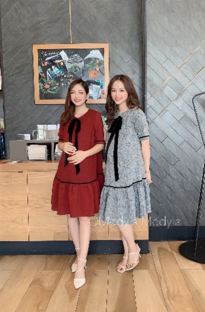 Váy bầu Thu Đông, chất dạ, có nơ cách điệu duyên dáng - 𝐕𝟔𝟕