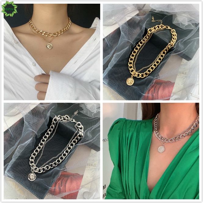 Vòng Cổ Choker Hai Lớp Màu Vàng / Bạc Phong Cách Punk Thời Trang Cho Nữ