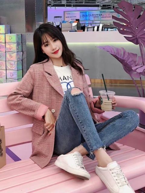 Ảnh thật/Order: Áo khoác Blazer kẻ Hồng cúc trắng Korea | BigBuy360 - bigbuy360.vn