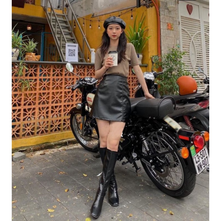 Chân Váy Da Pu Dáng Chữ A Lưng Cao Thiết Kế Đơn Giản