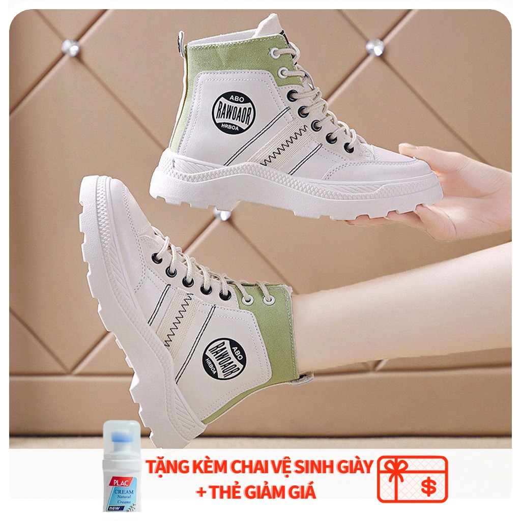 Giày thể thao giày sneaker nữ cao cổ H55 màu trắng xanh boost da